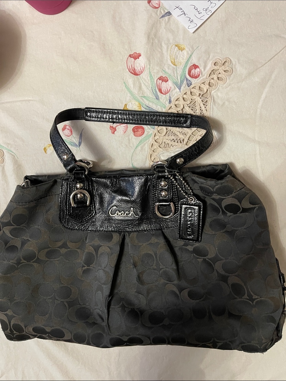 Coach  Ashley Signature Vintage Black Bag with Leather Trim and Silver Hardware.